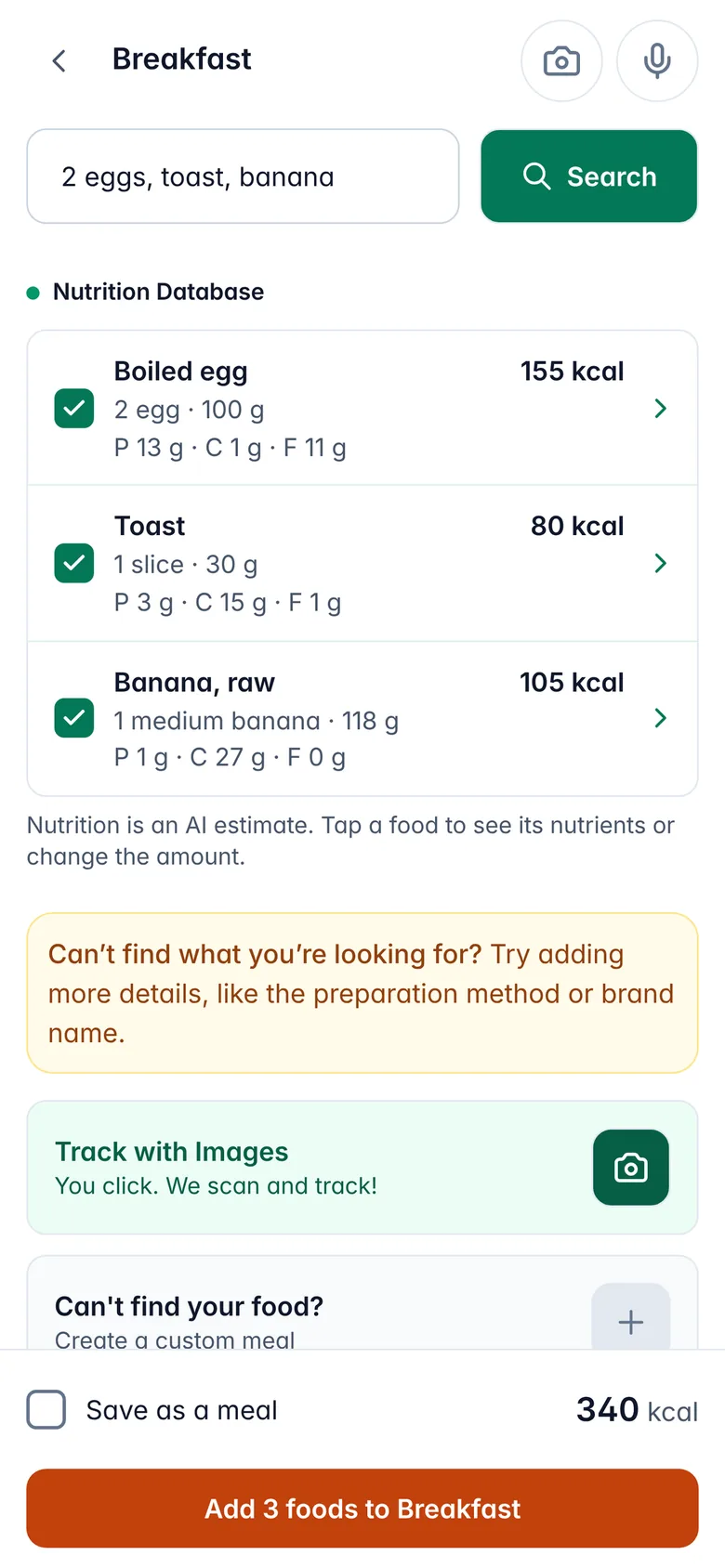 Vitality food log with "2 eggs, toast, banana" typed in, showing calories, protein, carbs and fat for each item